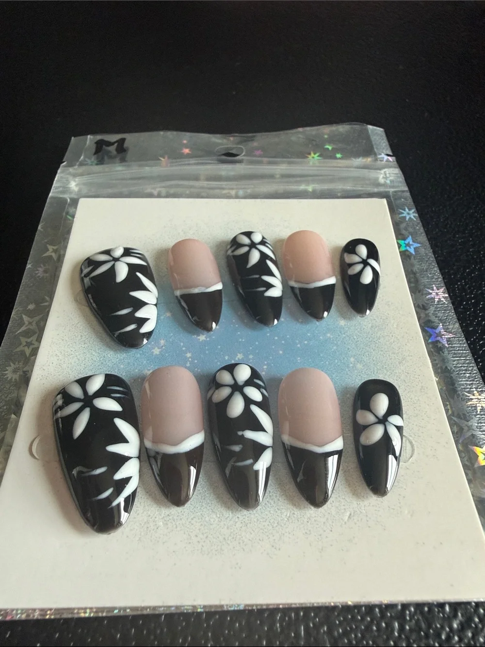 Black & Nude Floral Press-On Nails